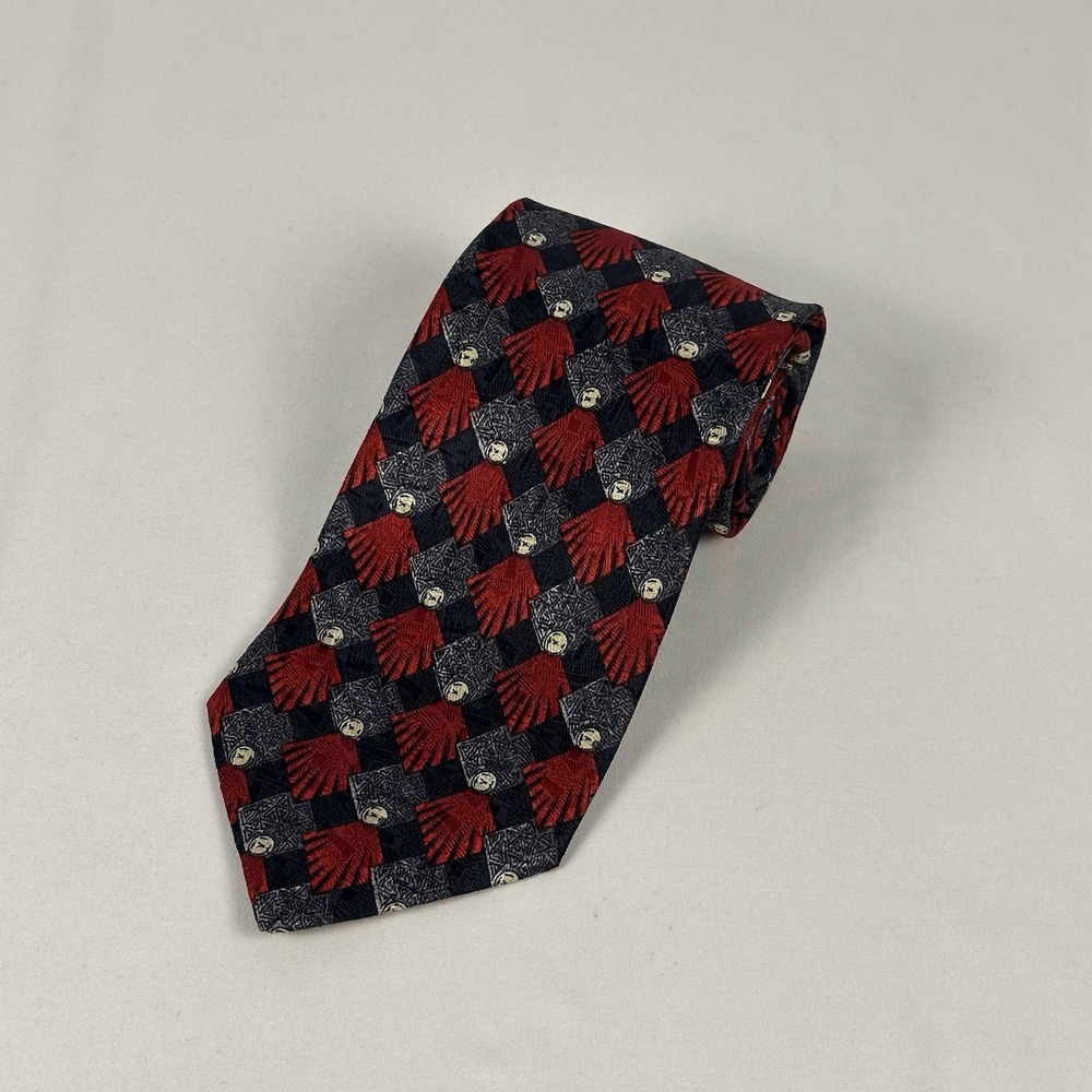Ermenegildo Zegna Silk Tie Vintage Red Black Fan Shell Jacquard Made in Italy